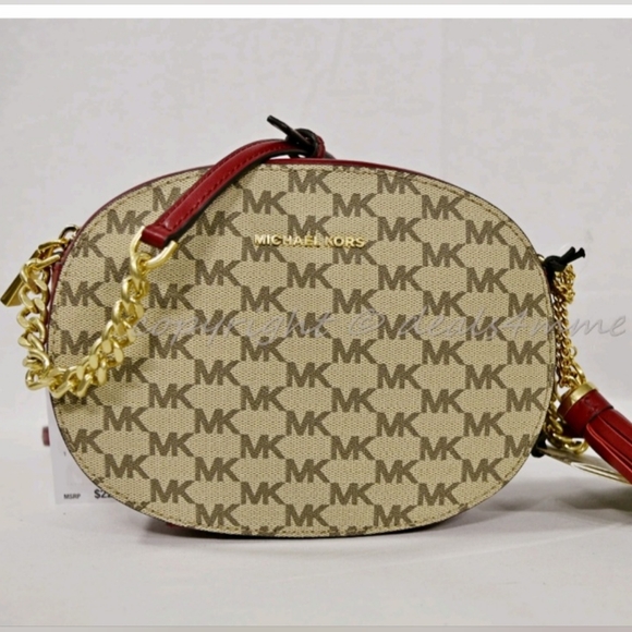 Like New  MICHAEL KORS GINNY  MK Monogram Crossbody Natural/Cherry Gold - Picture 1 of 9